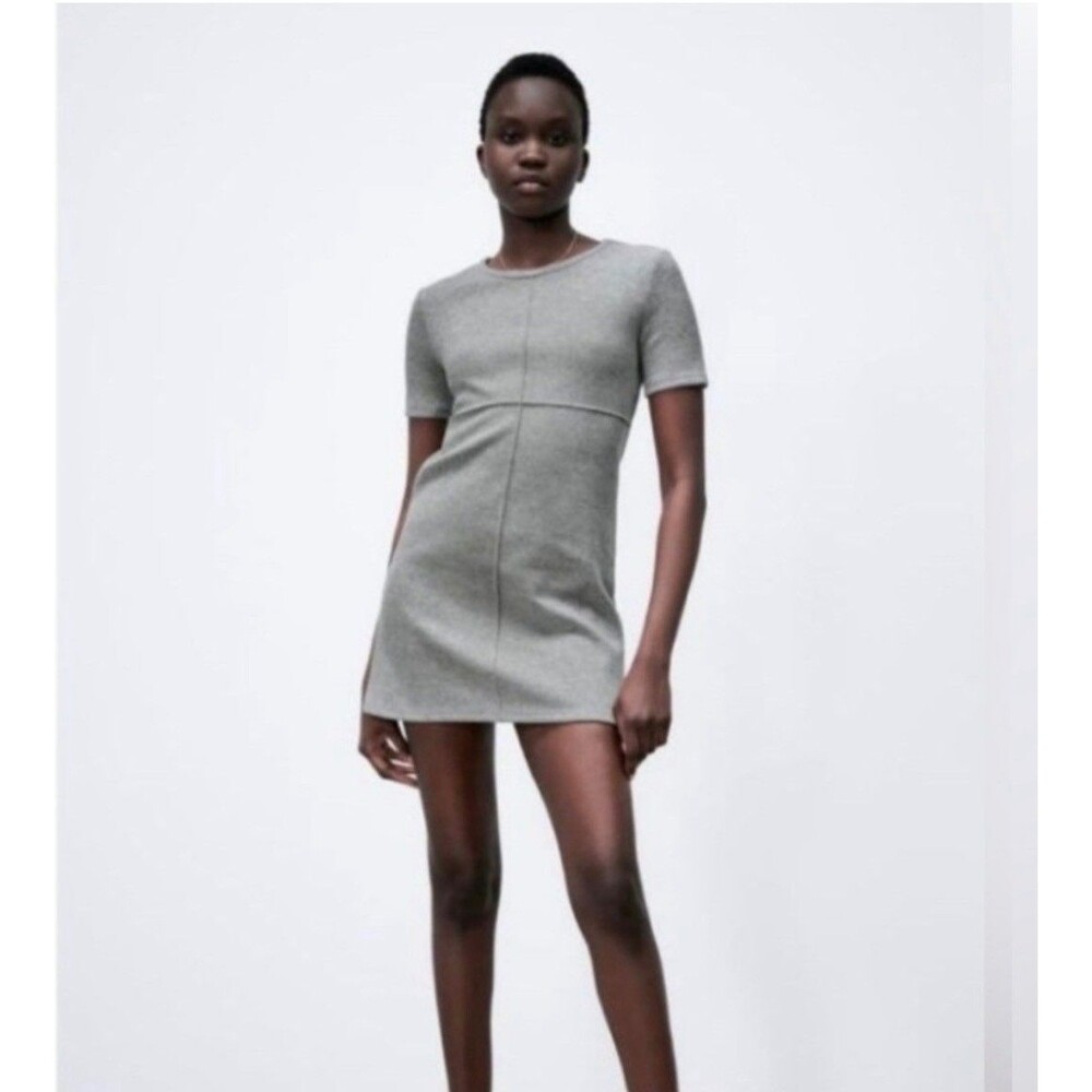 Zara Mini Ribbed Sweater Dress Women's S Light Gray Reverse Seams Short Sleeve